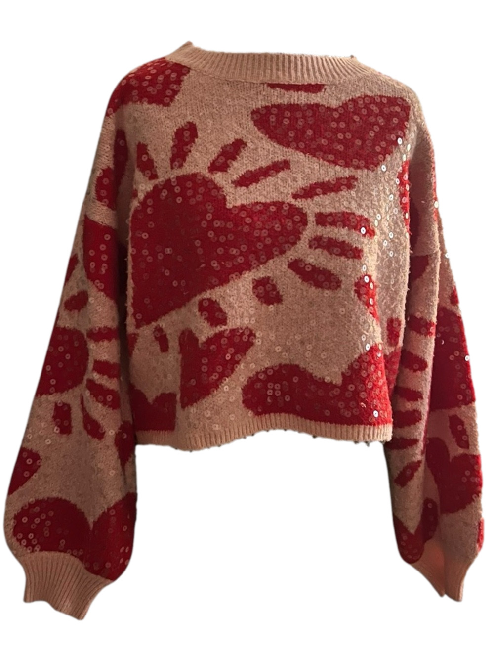 Women's Luna Ivy Pink Red Hearts Sequin Crew Neck Sweater XS - Picture 2 of 7
